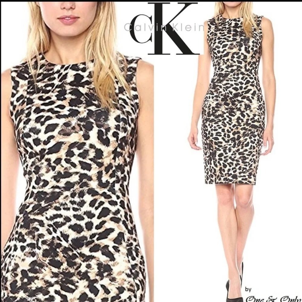 Calvin Klein Womens Leopard Print Sheath Dress Gold Zipper‎ Tan Black 18W